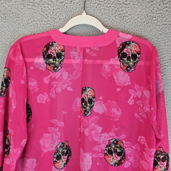 Torrid Womens Kimono Sz 00=M 10 Pink With Flowered Skulls Open Front Hi Lo hem - Picture 10 of 12